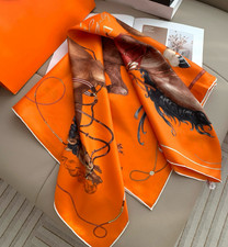 18 Momme Twill Silk Scarf 35" Bandana Orange line Print Square 2 Face Shawl Wrap