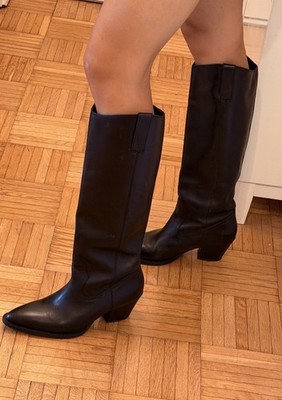 Mango Damen Lederstiefel kniehoch Schwarz Cowboy Blockabsatz mittel EU 38