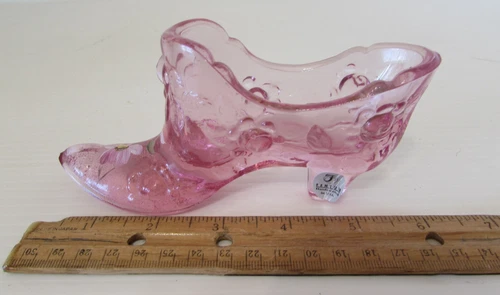 Fenton  Glass Shoe Hand Painted Pink Floral Figurine Signed Vintage