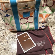 Coach Multicolor Logo Tote Bag Blue Leather Handles Silver Hardware Zip Closure