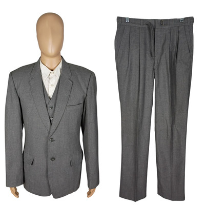 Vintage Unbranded Bespoke Three Piece Gray Purple Stripe Wool Suit 40L 31X34