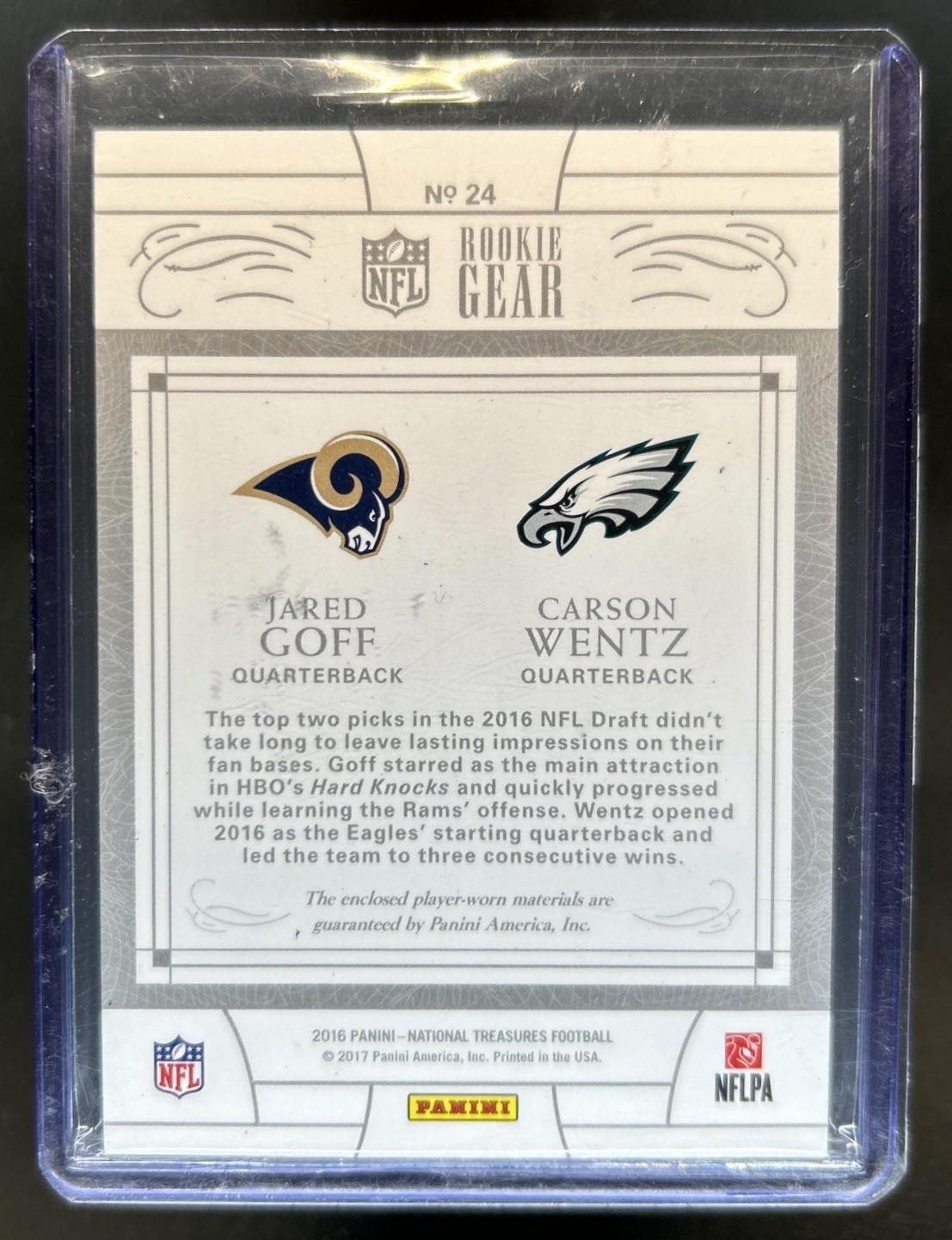 2016 National Treasures Carson Wentz Jared Goff Rookie Tag Nike Swoosh Patch 1/1 view 2