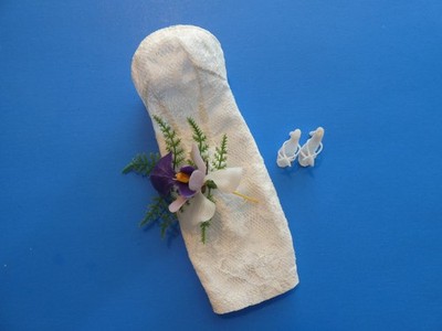 Vtg Fab Lu BCC Babs 'RSVP' White Lace Sheath Dress, Tie Shoes & Orchid Corsage
