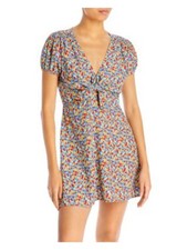 FAITHFULL THE BRAND Womens Blue Tie Pouf Sleeve V Neck Mini Sheath Dress S