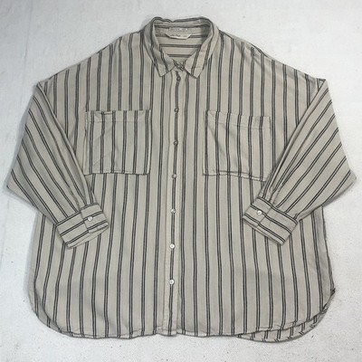 F & F Shirt Womans Linen Blend  US 18 (2XL) White Striped Button Up L/S Pocket