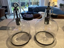 Stunning Pair Pendant Lights Black Metal Trim, Glass Shade