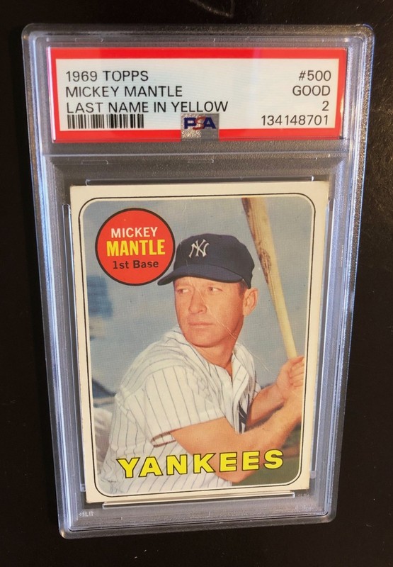 1969 Topps Baseball #500. Mickey Mantle. New York Yankees. Yellow. PSA 2 Good.