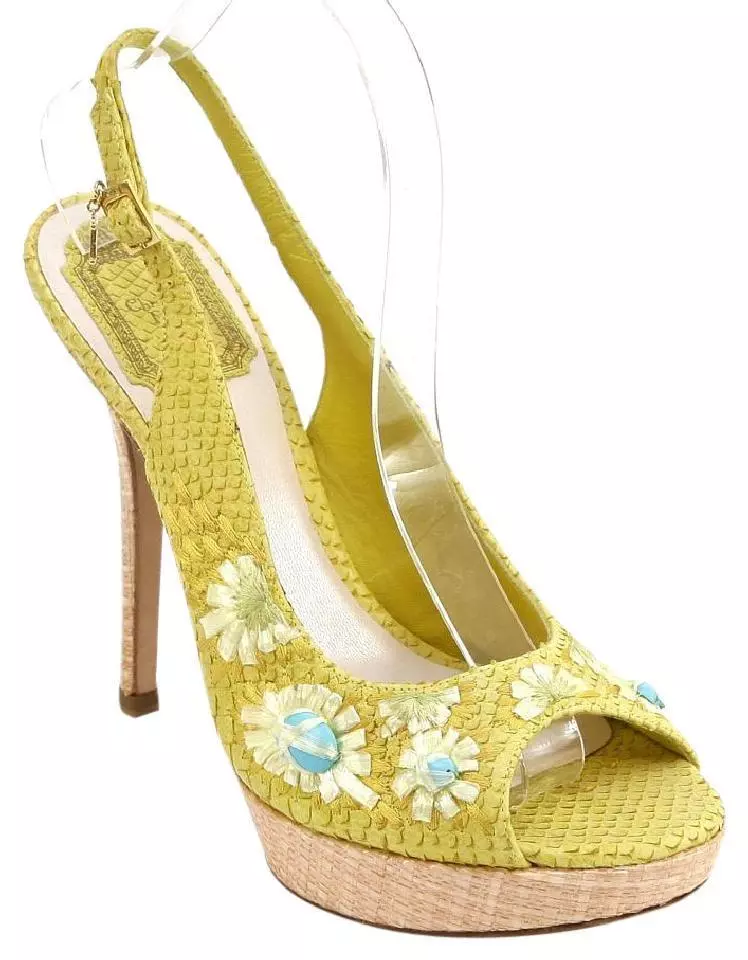 CHRISTIAN DIOR Sandales Plateforme Jaune Peau de Serpent Cuir Paille Floral Talons 38