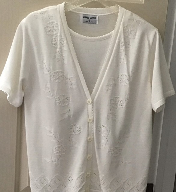 ALFRED DUNNER White Short Sleeve Cardigan Sweater Size Small Front Panel Insert | eBay