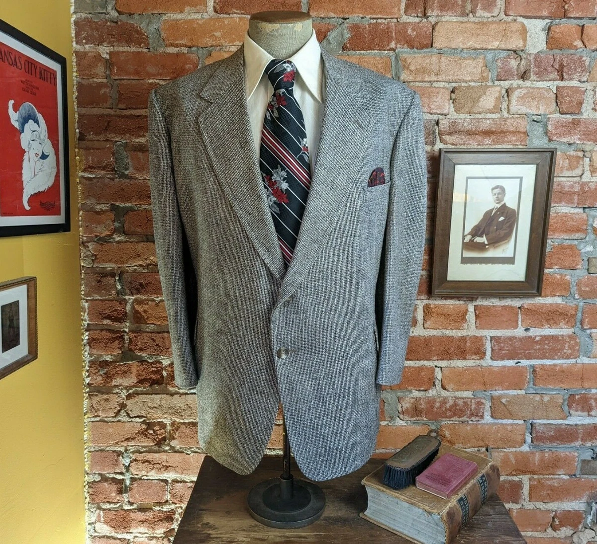 Costume homme vintage ann es 1970 TWEED veste blazer m lange laine noir gris et