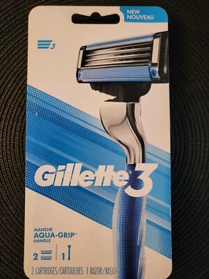 GILLETTE3 RAZOR/AQUA-GRIP/1 RAZOR HANDLE AND 2 CARTRIDGES/NEW - Image 1 of 3