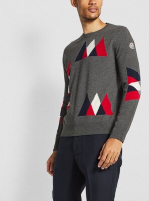 Moncler Men's Grey Geometric Pattern Knitted Crewneck Moncler Men's Grey Geometric Pattern Knitted Crewneck
