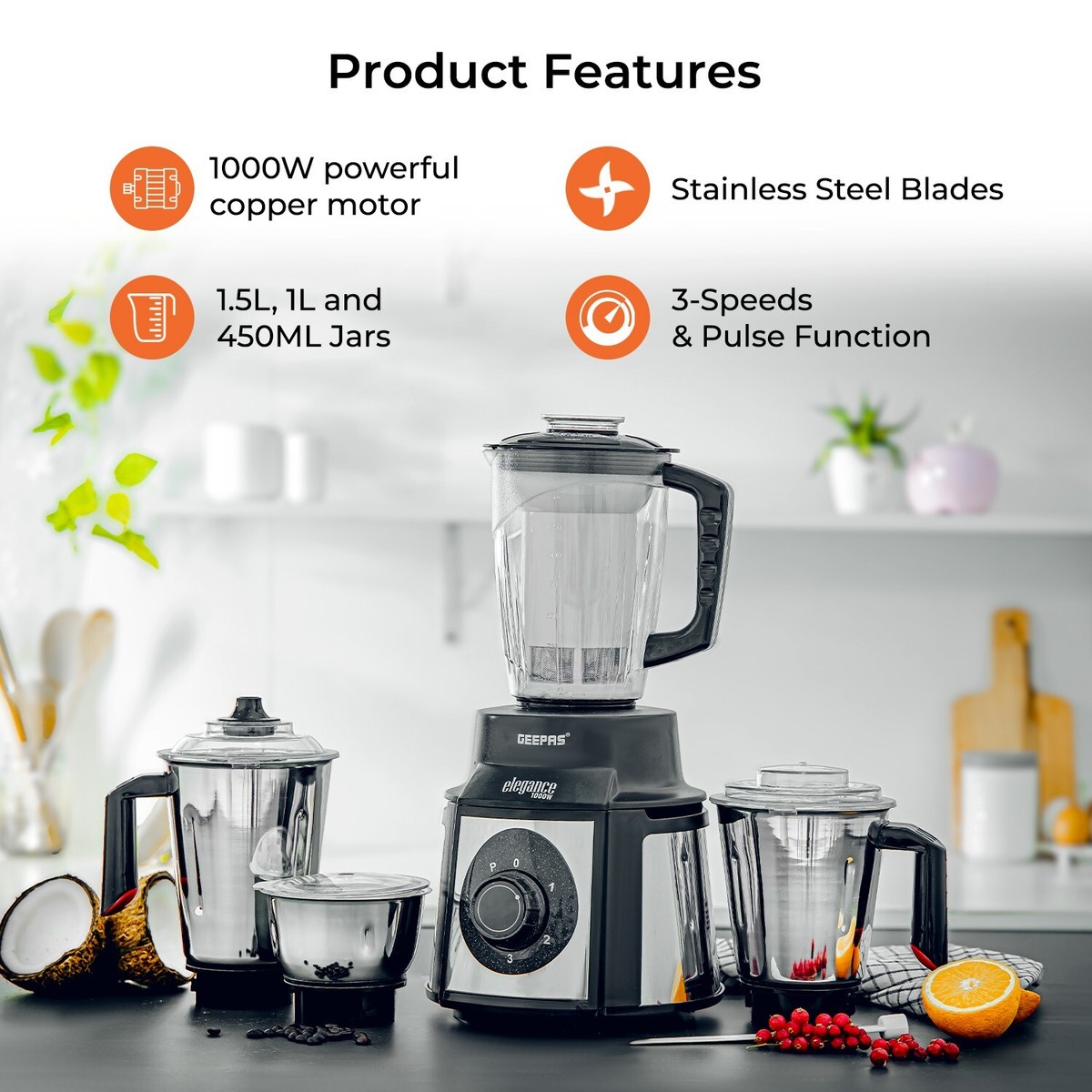 1000W 5-in-1 Mixer Grinder Blender Stainless Steel Jar