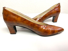 Vintage Stuart Weitzman Brown Patent Block Heel Pumps Gold Hardware 7.5 to 8