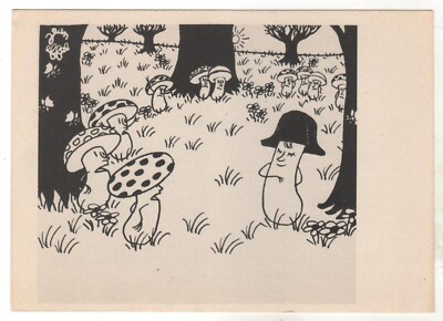 1962 Fairy Tale Mushrooms ''He's gone crazy'' ART Jean Effel RUSSIAN POSTCARD Old
