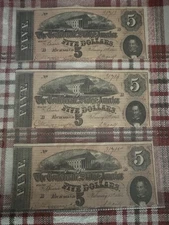 3 Sequential 1864 $5 Confederate Notes