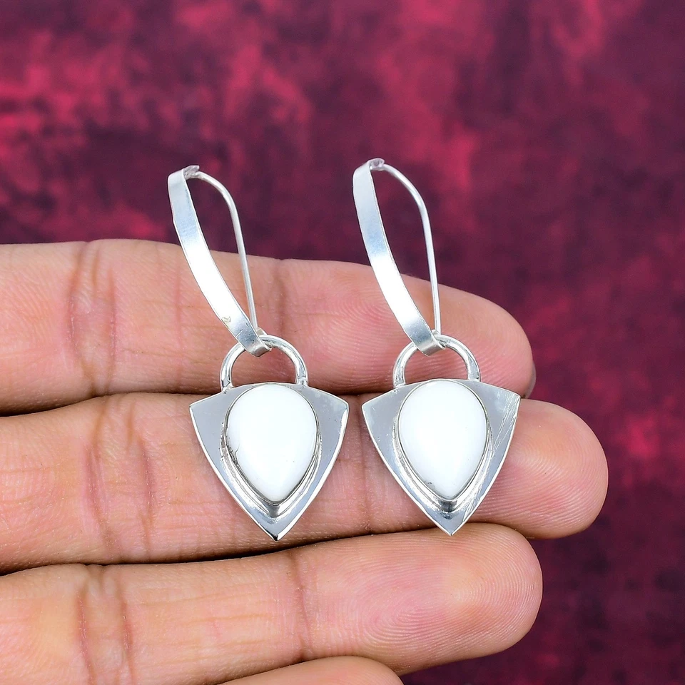 Brincos de prata maciça 925 feitos à mão com pedras preciosas de coral branco presentes para esposa - Imagem 3 de 4