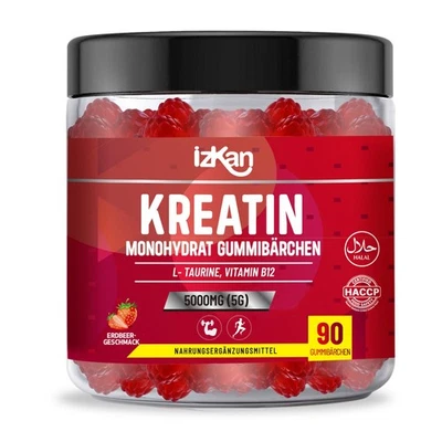 IZKAN 90 Gummies, Kreatin Monohydrat Gummibärchen 5000 mg – Erdbeer Geschmack, Taurin