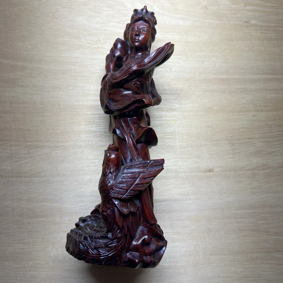 Antigua estatua antigua de madera tallada china de secuoya de principios del siglo XX Foto 3 de 4