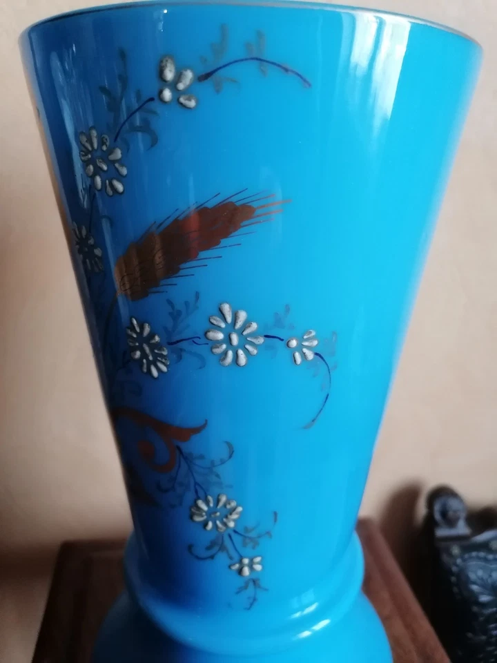 Ancien Grand Vase En Opaline Bleu décor Émaillé 19ème - Photo 4/4