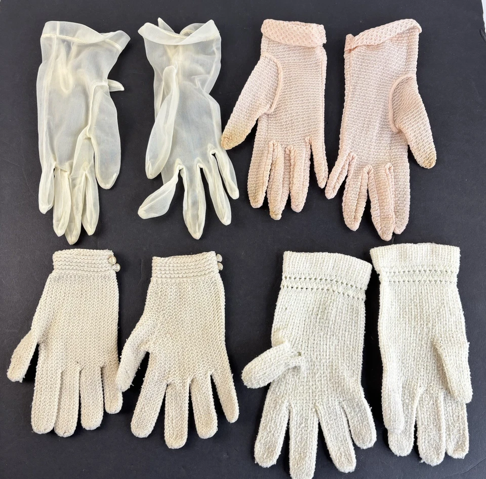Vintage Ladies Women's Gloves Lot of 4 Sheer Nylon Knitted Crochet - Image 2 of 4
