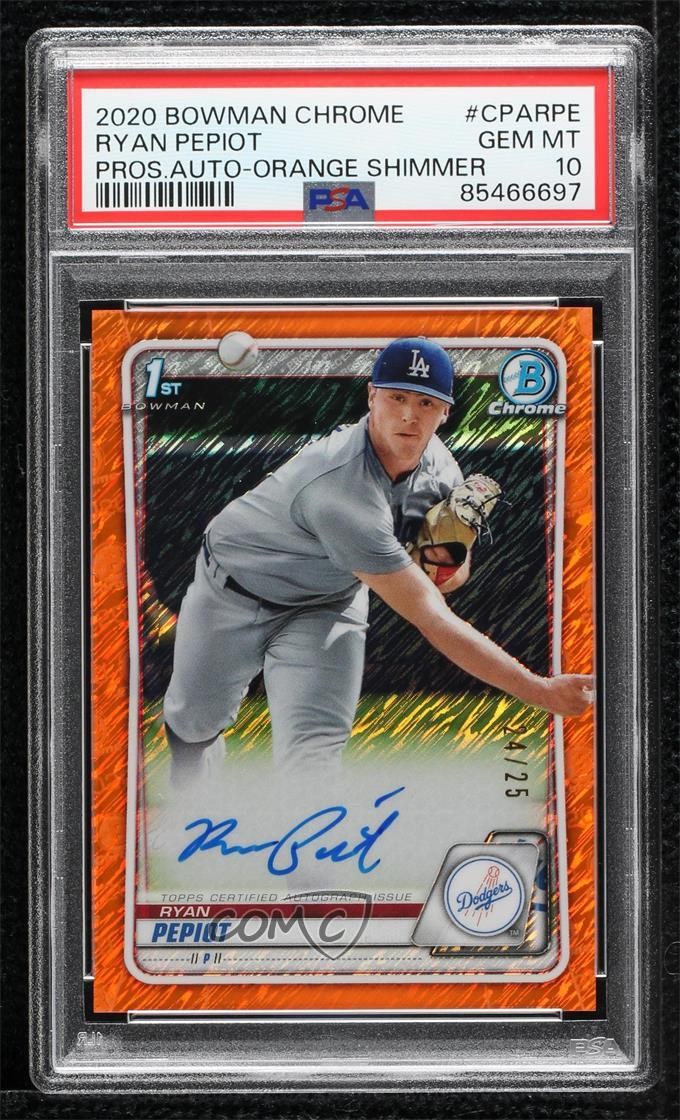 2020 Bowman Chrome Orange Shimmer Refractor 24/25 Ryan Pepiot PSA 10 Auto 10no