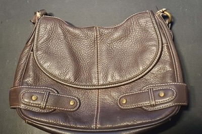 Chaps Brown Pebbled Leather Shoulder Bag Purse Hobo Crossbody Brass Accent