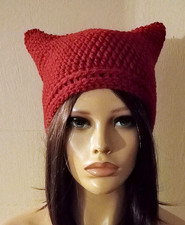 crochet handmade womans hat kitty cat ears beanie claret maroon red new