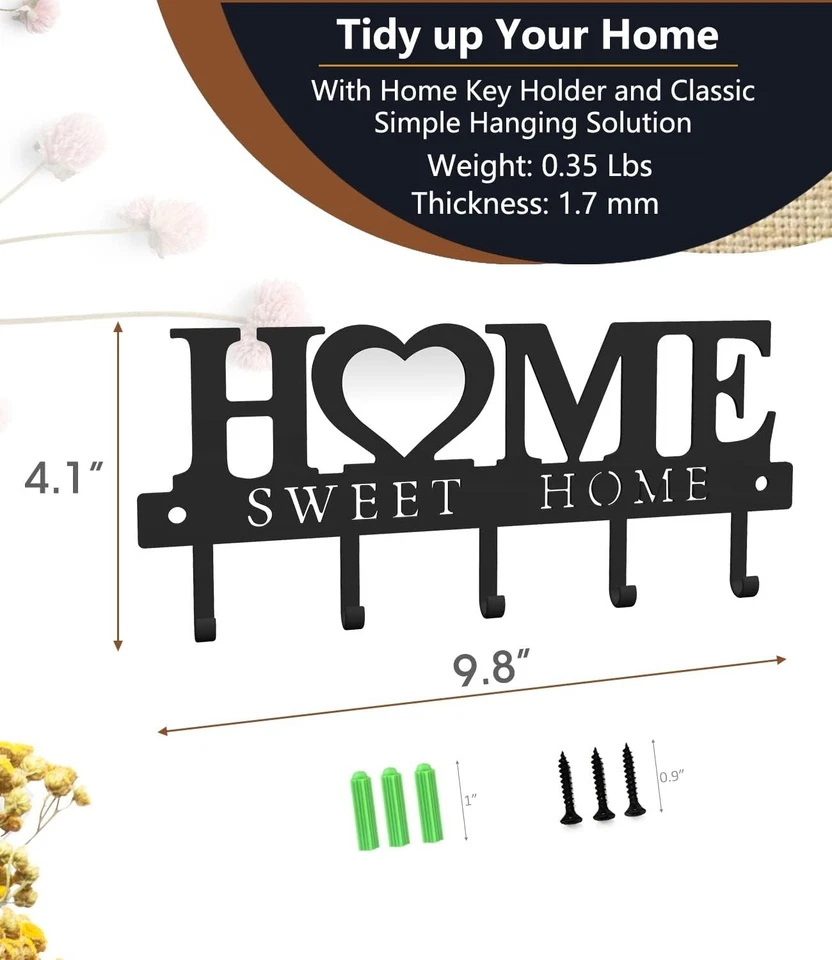 Sweet Home Soporte para Llaves Montado en la Pared Organizador Estante Hierro Negro Nuevo Foto 4 de 4