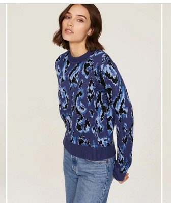 Derek Lam Collective Blue Black Animal Print Crewneck Sweater Womens Size Medium