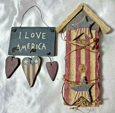 Wooden Patriotic Hanging Decor USA Flag Rustic Farmhouse Lot of 2 Primitive