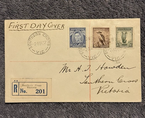 1937 Australia First Day Cover Registered No.201 Southern Cross VIC Postmark