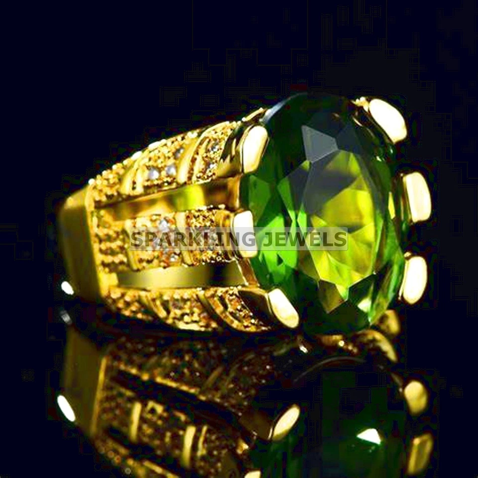 Anillo de peridoto vivo corte ovalado con plata 925 chapado en oro para hombre #609 Foto 4 de 4