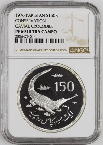 PAKISTAN 150 Rupees 1976 Silver NGC PF69 Conservation Gavial Crocodile