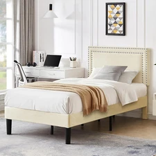 Twin Size Platform Bed Frame with Height Adjustable Upholstered Headboard, Moder