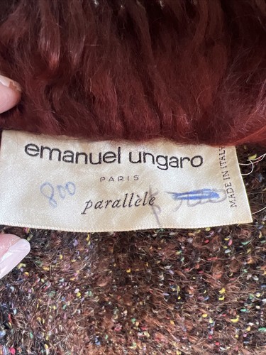 EMANUEL UNGARO MOHAIR MANTEL MIT LAMMFELLBESATZ ITALIEN M L MUSTER VINTAGE BURGUND - Bild 9 von 13