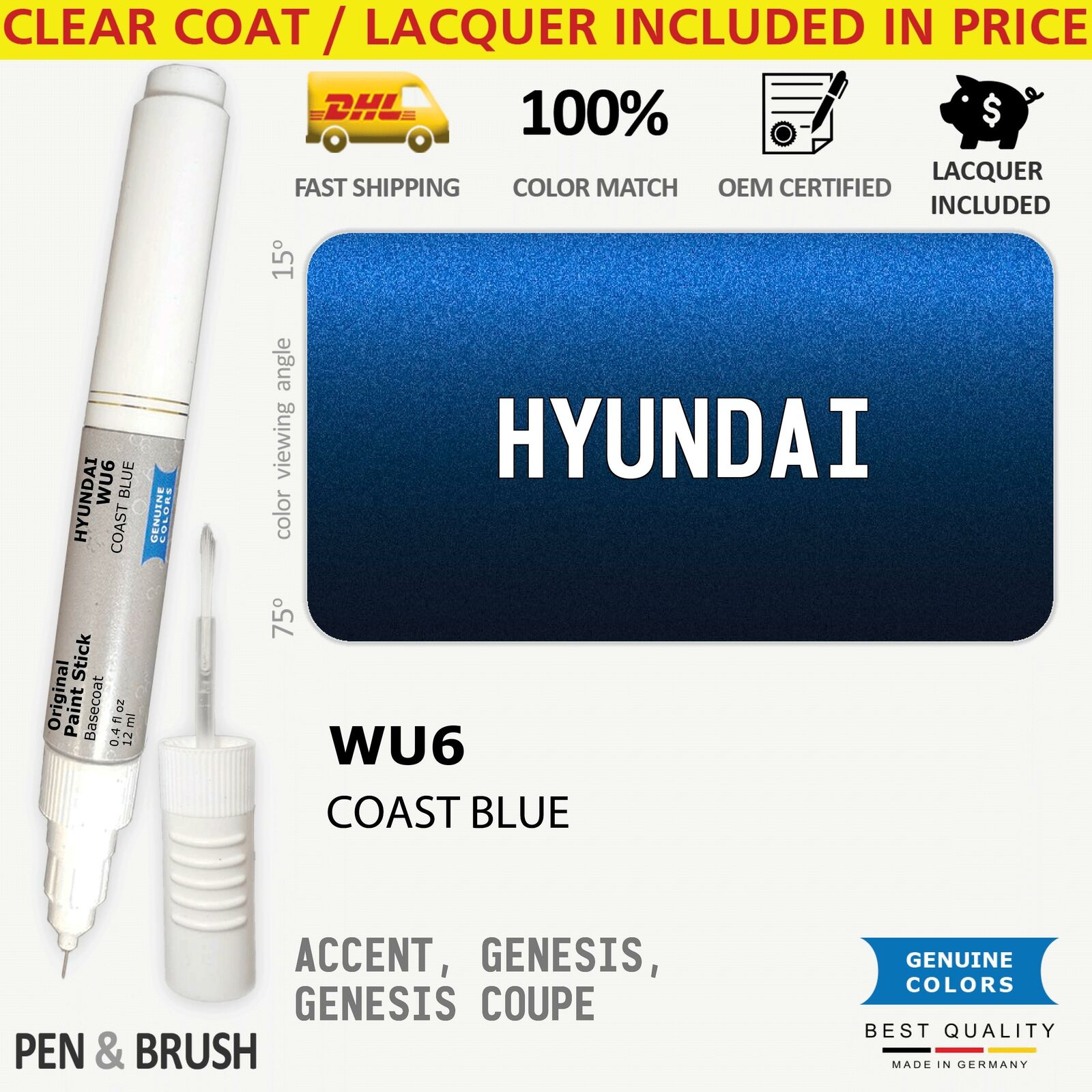 WU6 Touch Up Paint for Hyundai Blue ACCENT GENESIS COUPE COAST BLUE Pen Stick Sc