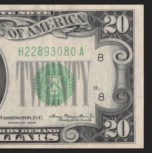 1934 St Louis Twenty Dollar Bill H22893080A Back Plate H9 386 Mule Note - Picture 6 of 11