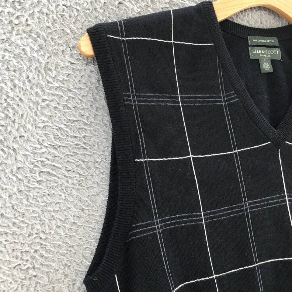 Chaleco Suéter Lyle & Scott Para Hombre L Negro Algodón Escocés Cuello en V Sin Mangas Foto 4 de 4