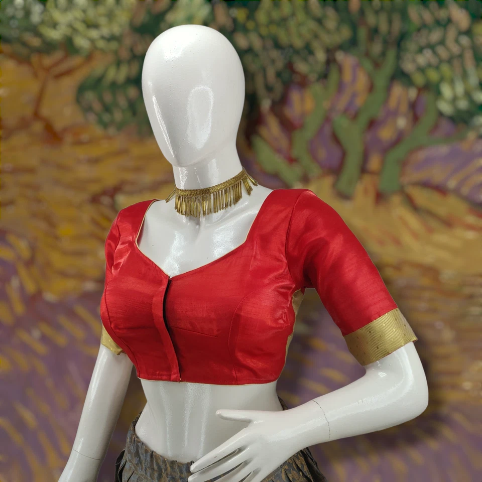 Blusa étnica de seda Dupion roja con cuello de novia - brocado bordado a mano. Foto 2 de 4