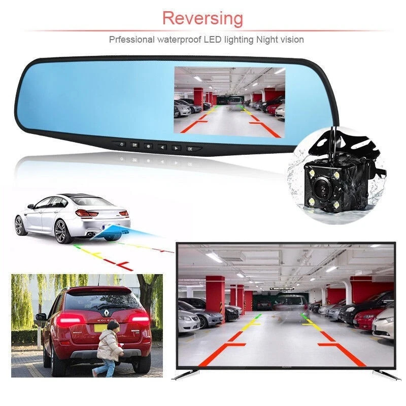 - Senza marca/Generico - - Specchietto Retrovisore Dash Cam 4.3 Registra Retromarcia 2 Telecamere Auto 1080 - Miniatura 4