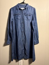 LOFT Small Chambray Shirt Dress Button Front Denim Blue Long Sleeve