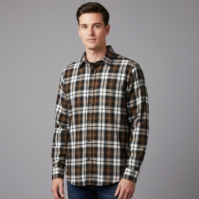 C.E. Schmidt Workwear Long Sleeve Shirt Cotton Button Down Brown Plaid Large