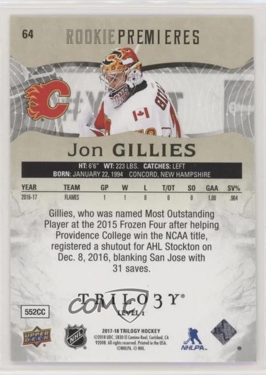 2017-18 Upper Deck Trilogy Premieres Level 1 /999 Jon Gillies #64 Rookie RC - Image 2 of 2