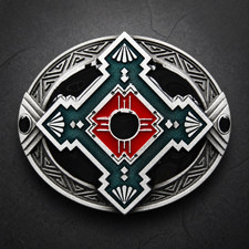 Southwest Zia Sun Symbol Oval Metal Belt Buckle Antique Silver Tone Enamel