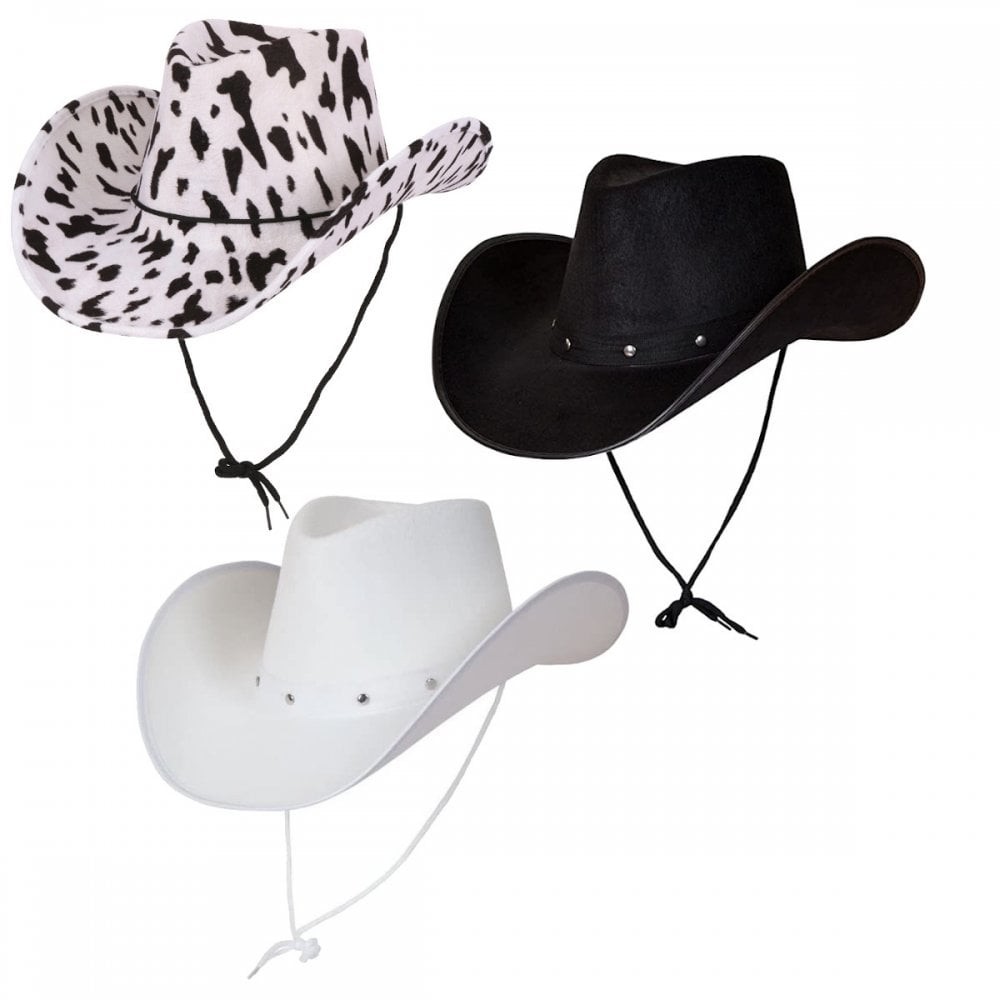 1 x BLACK + 1 x WHITE + 1 x COWPRINT Texan Cowboy Hat Cowgirl Fancy Dress