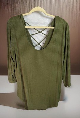 Ambiance women's 3XL top green scoop neck criss/cross back 3/4 sleeves Textured