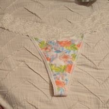 Saint Eve Thong Lace Floral Panties White Multicolor XL Women's Stretch