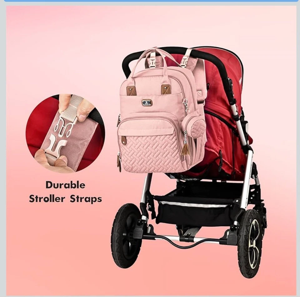 Dikaslon Diaper Bag Backpack w/Stroller Straps, Large Baby Bags Pink - Image 3 of 4