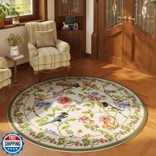 Vowkten Round Rug 4ft Washable Circle Rug Non Slip Low Pile Floral Bird Magpi